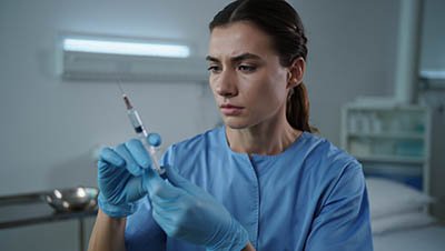 Женщина-медик готовит инъекцию, наполняя шприц лекарством